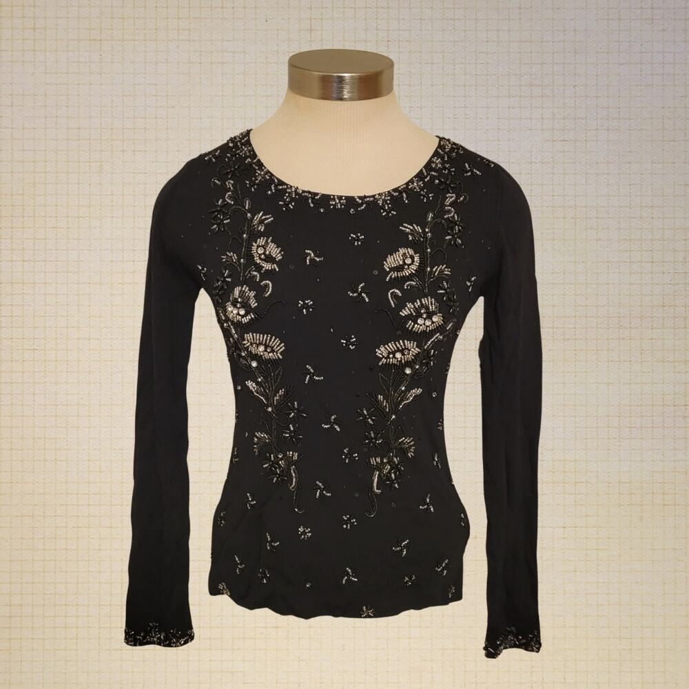 Y2K Beaded Embroidered Ribbed Long Sleeve Top Zba Women Small Black Nylon Blend